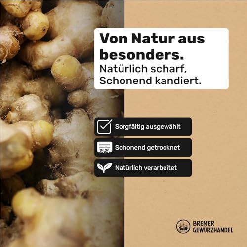 Bremer Gewürzhandel Ingwer 1Kg, kandierter Ingwer - Ginger, Trockenfrüchte ungeschwefelt, Ingwer getrocknet, Ingwer Würfel, Ingwer kandiert scharf