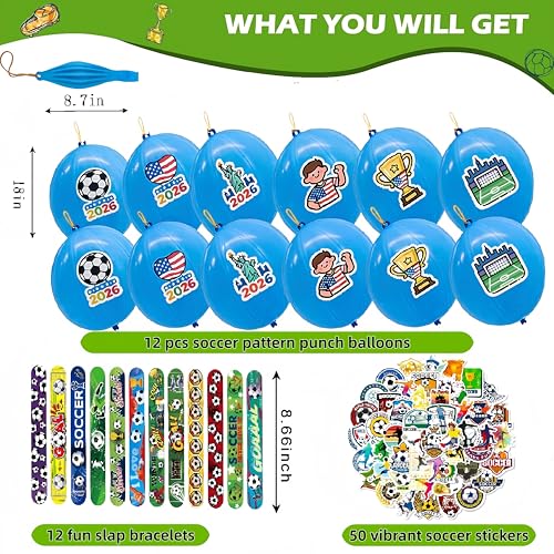 CLYAIDET 74 PCS Soccer Party Favors | 12 Punch Balloons/Thickened Punching Bounce Balloon, 12 Slap Bracelets, 50 Soccer Stickers for Goodie Bag/Gifts Bags Fillers Supplies Birthday Party Decorations