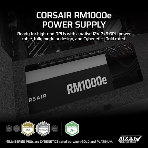 Image of CORSAIR RM1000e ATX 3.1 PCIe 5.1 Ready Fully Modular 1000W Power Supply - 12V-2x6 Cable Included, Cybenetics Gold Efficiency, 105C-Rated Capacitors, Modern Standby Mode - Black