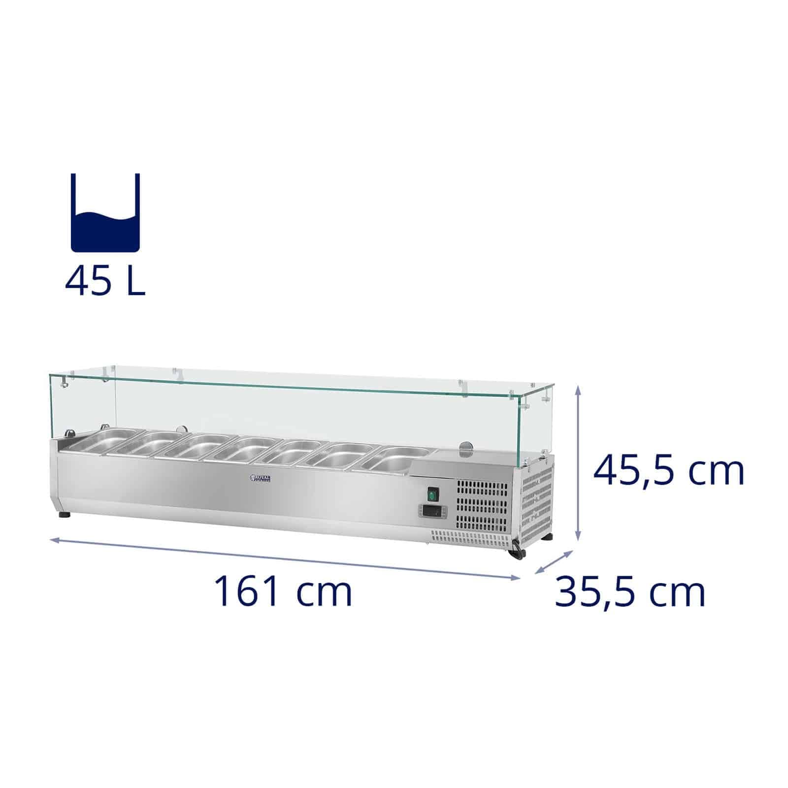 Royal Catering Vetrina Refrigerata RCKV-160/33-8 (160 x 33 cm, 45 L, 8 x contenitori GN 1/4, 2-10 °C, 120 W, R600a, Termostato, Copertura in vetro, Funzione automatica di sbrinamento)