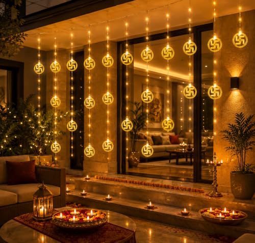 Image of MoonlitDreams 10 Swastik LED String Lights, 3 Meter Golden Metallic Decorative Lights for Diwali Decoration, Home, Mandir & Pooja Room, Festive Ambient Lighting (Plug-in)