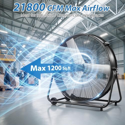 Image of LifePlus 36 inch Industrial Drum Fan, 600W High Velocity 3-Speed Heavy Duty Metal Air Circulator with 360 Tilt, Casters Handle for Warehouse Factory workshops Patios Garage 21800 CFM