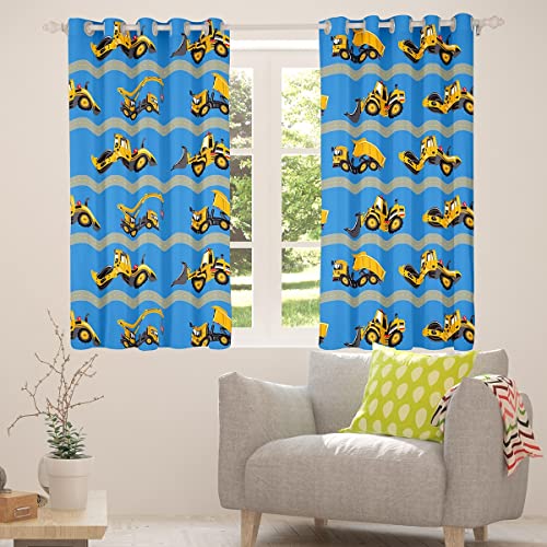 Truck Blackout Curtains 2 Panels 42"Wx63"L, Crane Bulldozer Excavator Kawaii Curtains, Construction Tractor Curtains & Drapes, Hand Drawn Window Treatments Big Wheel Car Kids Car Theme Room Decor Blue #TOP4