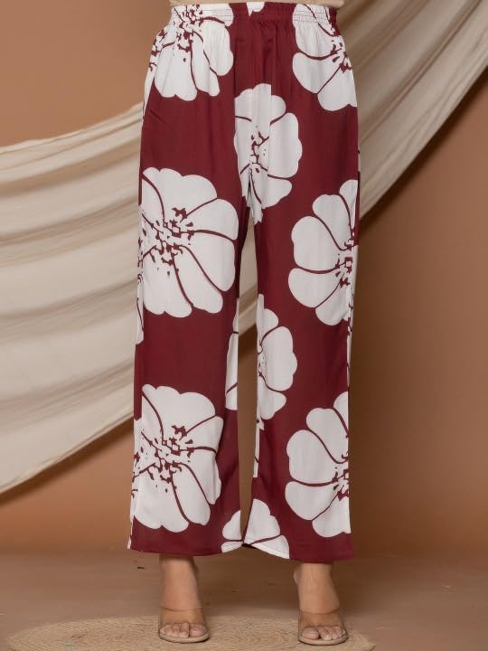 Women's Floral Print Kurta Palazzo Set, Maroon and White, V-Neck 3/4 Sleeve Indian Ethnic Wear