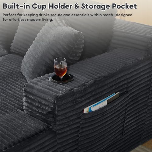 Image of 125 Inch Modular Sectional Sofa, Cloud Couch Oversized U Shaped Corduroy Sofa with Storage & Cupholders, Modern Deep Seat Boneless Couches for Living Room, No Assembly Required, Dark Grey
