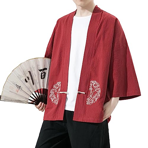 Image of Mens Kimono Cardigan Cotton Linen Japanese Shirt 3 /4 Sleeve Haori Yukata | Skin-Friendly Solid Color Lightweight Shawl Collar Kimono Robe Embroidery Button Tie Pockets Happi Coat All Season Daily Wear