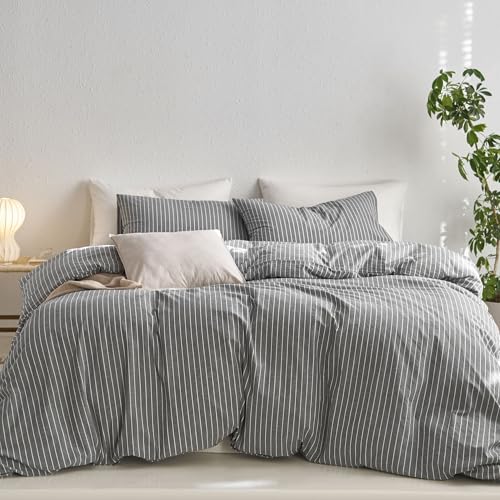 Image of MooMee Striped Duvet Cover Set 100% Washed Cotton Linen Like King | Relaxed Linen-like Texture. Soft, Breathable & Long-lasting Comfort. Lightweight. Hidden Zipper with 8 Interior Corner Ties