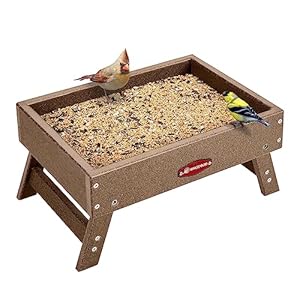 Kingsyard Ground Bird Feeder for Outdoors – Recycled Plastic Platform Feeder for Wild Birds, Squirrels, Chicken, 5 LBS Large Capacity, Brown