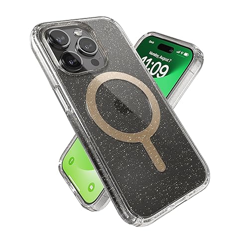 Image of Speck iPhone 15 Pro Case - Built for MagSafe, Drop Protection - Scratch Resistant, Anti-Yellowing 6.1 Inch Phone Case - Presidio Lux Clear /Gold Glitter /Beige Sweater