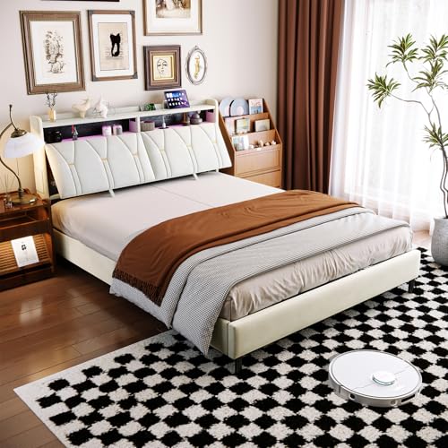 CJHXE Cama de Matrimonio 140x200 cm con Luces LED y USB, Cama Tapizada con Cabecero Moderno y Somier de Láminas, Estructura de Cama Doble con Puerto de Carga, Beige (Sin Colchón)