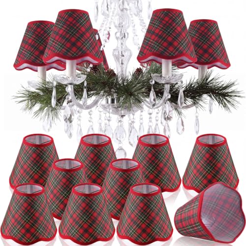10 Pcs Christmas Scalloped Chandelier Shades 5"x 6" Red Green Plaid Clip-on