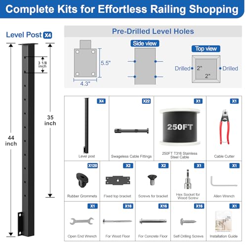 Image of 12-20ft Complete Set 36 inch Side Mount Level Railing Post Kit, 4 Pack Black Fascia Mount Level Drilled Post, 250ft 1 /8 inch Stainless Steel Cable(No Handrail), Swageless Cable Railing Kit, MY10-LP