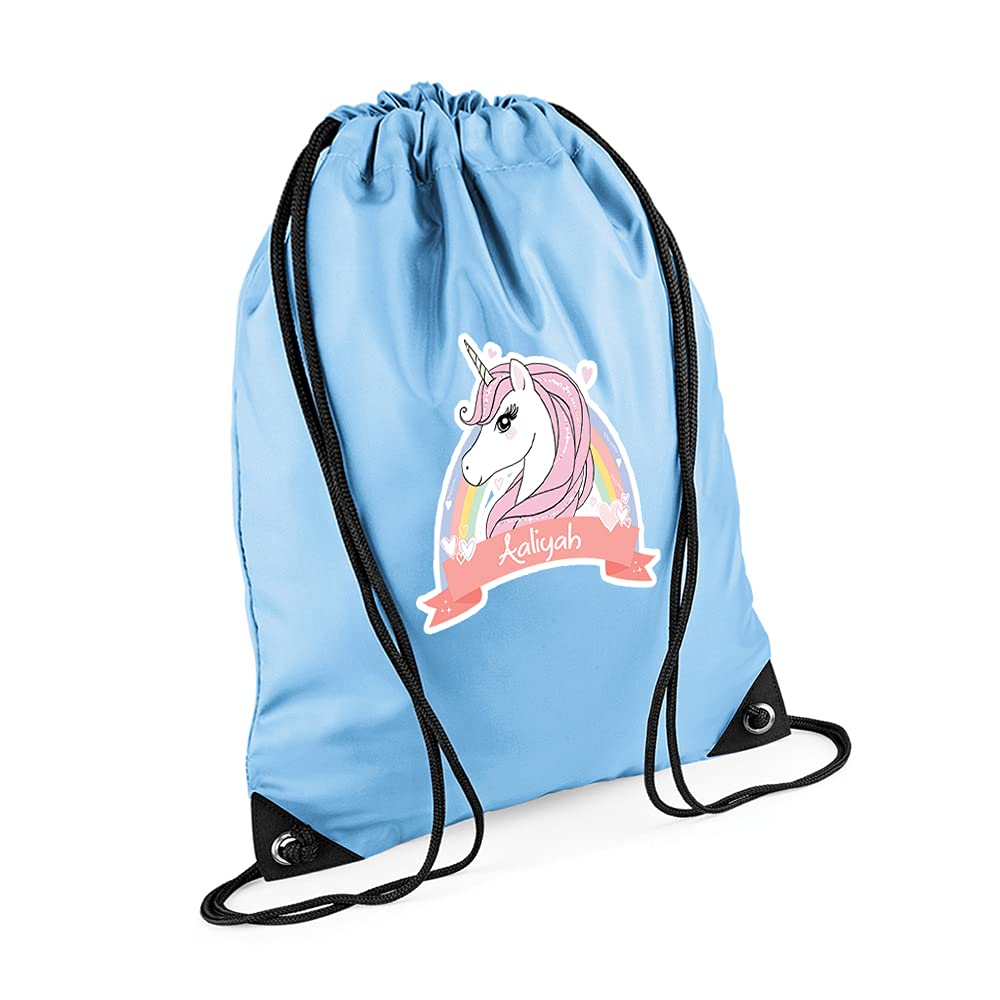 Personalised Floral Unicorn Magically Stars ANY NAME Funny Kids Birthday Gift Back To School Drawstring Bag, PE Gym Kit, Swimming Rucksack. (Sky Blue)