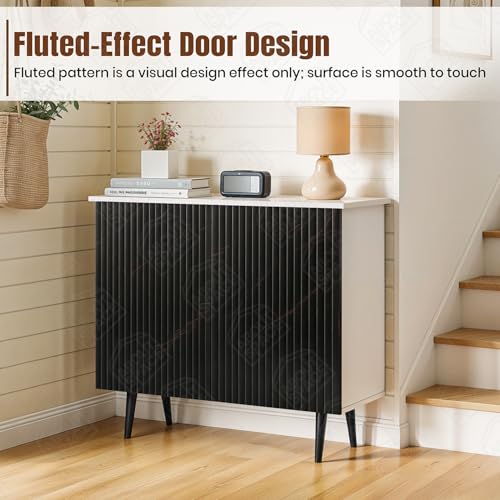 Image of ABOUT SPACE 3 Tier Shoe Rack with Door | Press Open 2 Door Engineered Wood Shoe Stand for Home | Smooth Non-Fluted-Effect Adjustable Shelf Raised Legs 9-12 Pair Shoes Storage Cabinet |White & Black