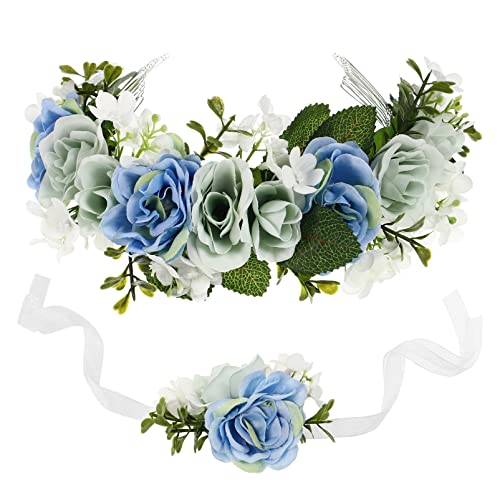 Blumenkranz Krone Stirnband, Blumen Stirnbänder Rose Braut Haarschmuck Blumenkranz Haar Braut Haarschmuck mit Armband- Set Damen Mädchen für Festival Party Hochzeit Strand
