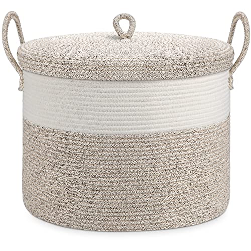 Image of LOVSTORAGE 20.5"x14.5" Large Rope Blanket Basket with Lid, Woven Storage Basket Baby Laundry Basket Hamper Decorative Nursery Toy Basket Bin with Handles for Living Room Bedroom, White Brown