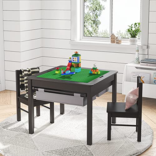 image for UTEX Wooden 2 in 1 Kids Construction Play Table and 2 Chairs Set with 