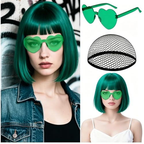 Image of MEEZY Blue Green Short Bob Wigs Straight Hair with Flat Bangs Heart Sunglasses for Women, Colorful Funny Cosplay Party Neon Wig Synthetic Natural As Real Carnival Halloween Costume