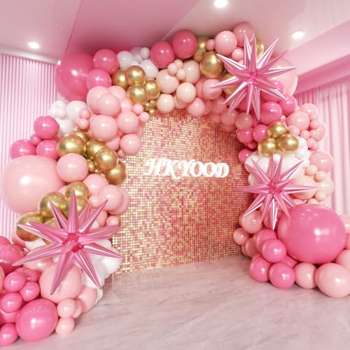Image of 172Pcs Pink Balloon Garland Arch Kit - Pink Party Decorations with Pastel Macaron Pink White Gold and Starburst Foil Balloons for Birthday Baby Bridal Shower Wedding Valentine's Decorations
