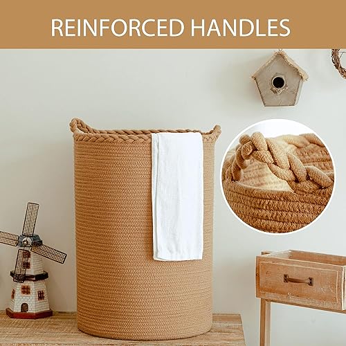 Image of ALBY Woven,Tall Wicker Laundry Basket for Blankets,Clothes,Pillows,Toys,Shoes Large Cotton Laundry Hamper for Bedroom Living Room Bathroom Nursery (12''D x 15''H INCH, LIGHT BROWN)