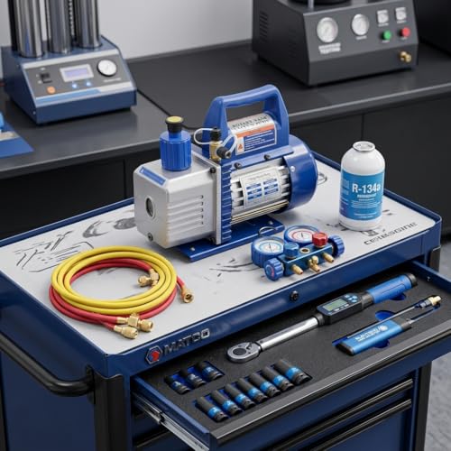 Kit de bomba de vacío de una etapa de 4 CFM con manómetro para R134a y detector de fugas, kit de herramientas HVAC para refrigeración AC certificado ETL, color azul miniatura 7
