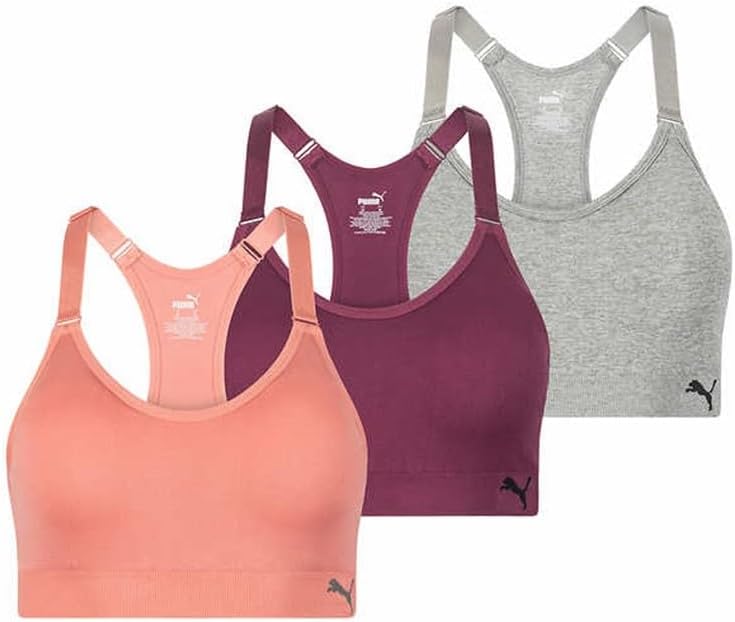 PUMA Women Sports Bra, 3-Pack (Coral/Purple/Grey, Large) - Image 8