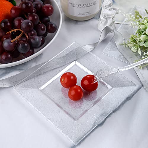 Dayammi 100 Plastic Dessert Plates 6" With 100 Plastic Forks 5.7"- Silver Glitter Disposable Square Plates Fancy Salad Plates Appetizer Plates And Silver Plastic Forks Combo Bulk Set For Wedding Party #TOP2
