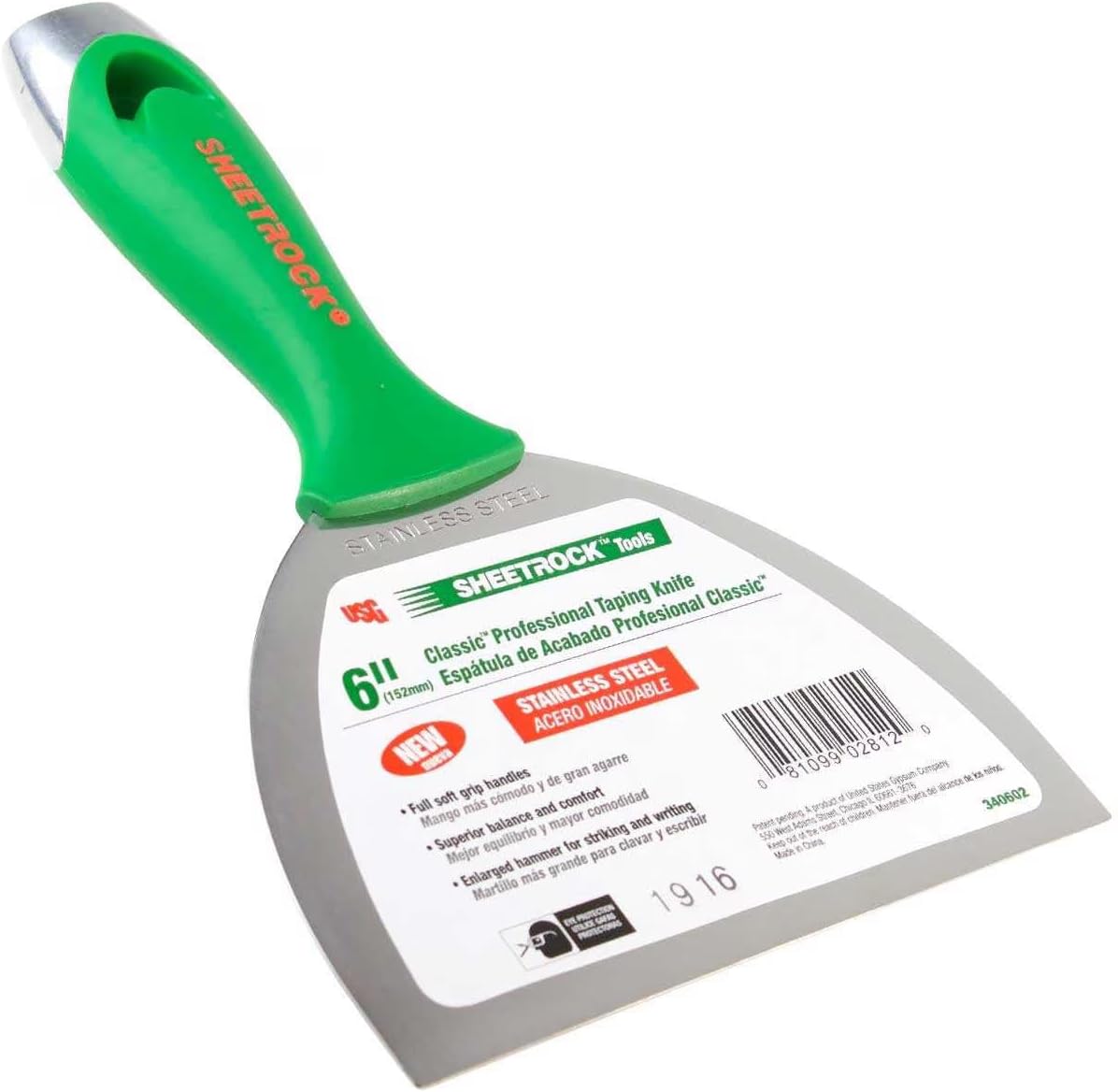USG Sheetrock Tools 6" Classic Carbon Steel Drywall Joint Knife, Flexible Rust-Resistant Blade, Soft Grip Handle, Enlarged Hammer End, Professional Drywall Finishing Knife