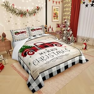 Homewish Xmas Truck Comforter Set Queen SizeBlack White Geometric Grid Bedding 3pcs for Kids Teens Adults Room DecorBrown Rustic Farmhouse Quilt Happy New Year Duvet Insert2 Pillowcases