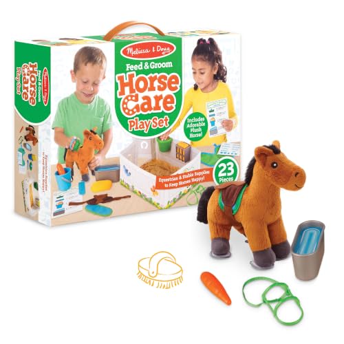 Image of Melissa & Doug Feed & Groom Horse Care Play Set and Plush Toy | 23 Piece Set, Plush Horse, Saddle, Grooming Accessories and Care Checklist, Pretend Play, Preschool Toys for Kids, Ages 3+