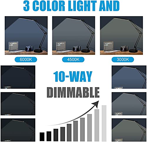 Led Desk Lamp With Clamp And Round Base,Eye Caring Table Lamp With Swing Arm,3 Color Modes 10 Brightness Levels,Memory Function Bedside Lamp,Desk Light For Home Office With Usb Adapter Black #TOP1