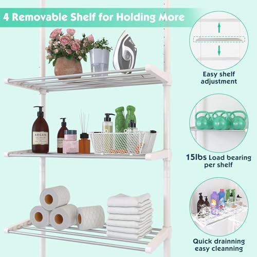 DAKEPOLE Toilettenregal,Regal über Toilette mit 4-stufigen verstellbaren Regalen,Platzsparend WC ÜDoppelspannstange Standregal Bad Regal Organizer Kleiderbügel Stangen Ohne Bohren, 295x58x25.cm, Weiß