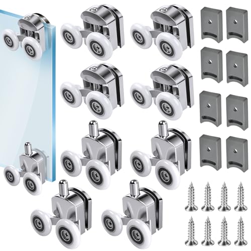 8Pcs Shower Door Rollers 23mm Shower Door Wheels for Curved Doors Glass Doors Twin Wheels Pulleys Bathroom Replacement Shower Door Roller with Anti-Collision Block and Screws