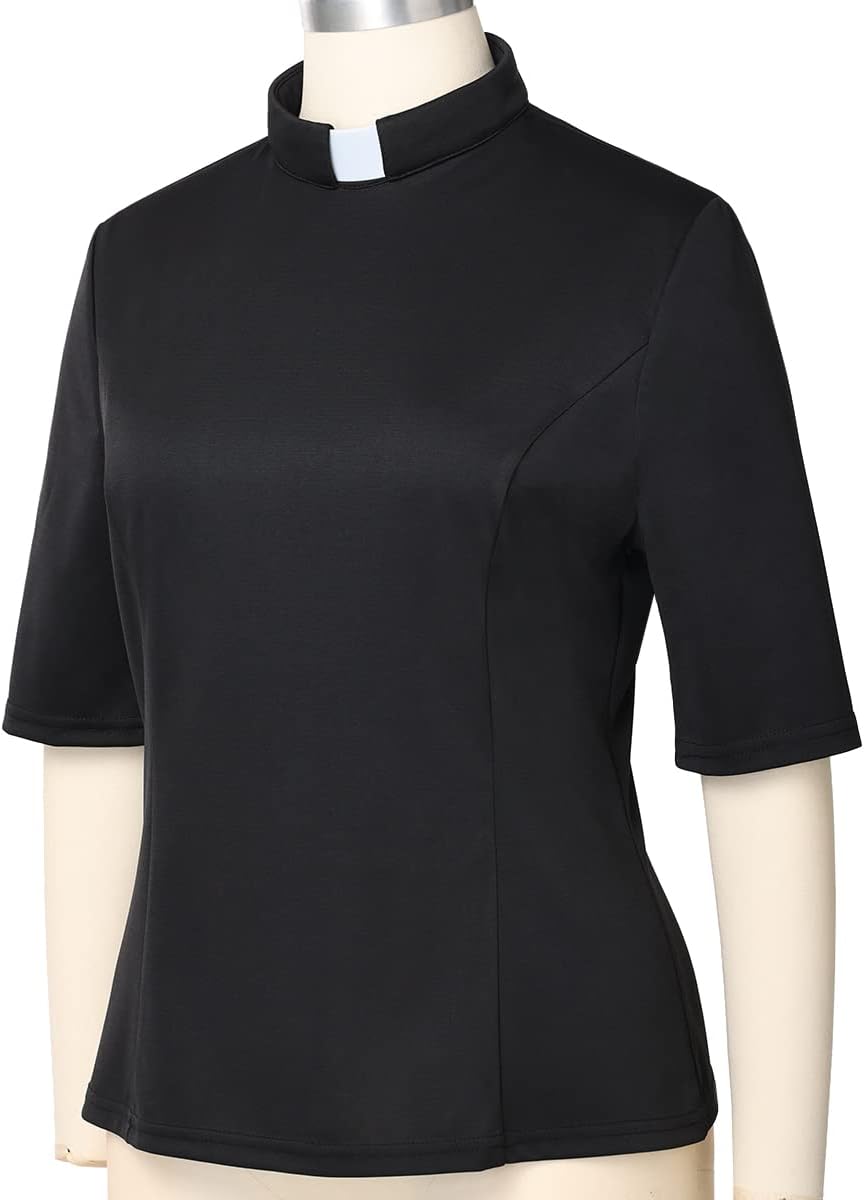 Womens Church Clergy Shirt with Tab Collar Spring/Summer Half Sleeve Slim Blouse Top - Image 2