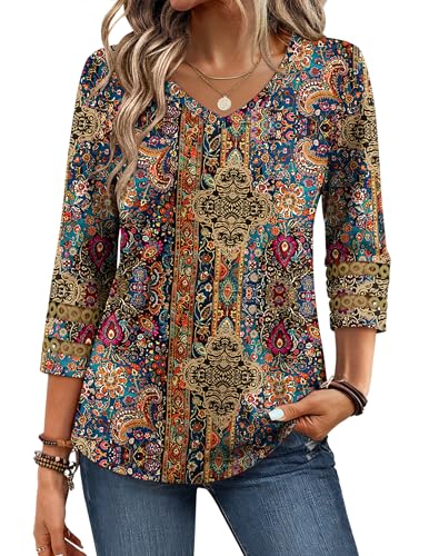 Zeagoo Boho Floral Blouses for Women Summer 3/4 Sleeve V Neck Tunic Tops Loose Fit Tshirts Beach Vacation Outfits L