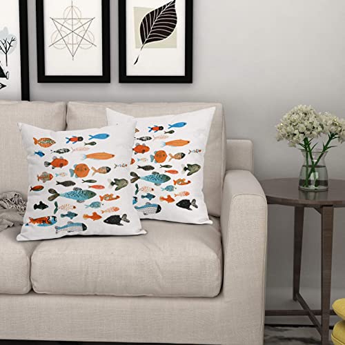 Colorful Fish Pillow Cases Cartoon Fish In The Ocean Sea Animal Throw Pillow Covers Set Of 2 Cotton Linen Decorative Cushion Cover 18X18 For Women Men Fishing Cabin Patio Sofa Bedroom Living Room #TOP7