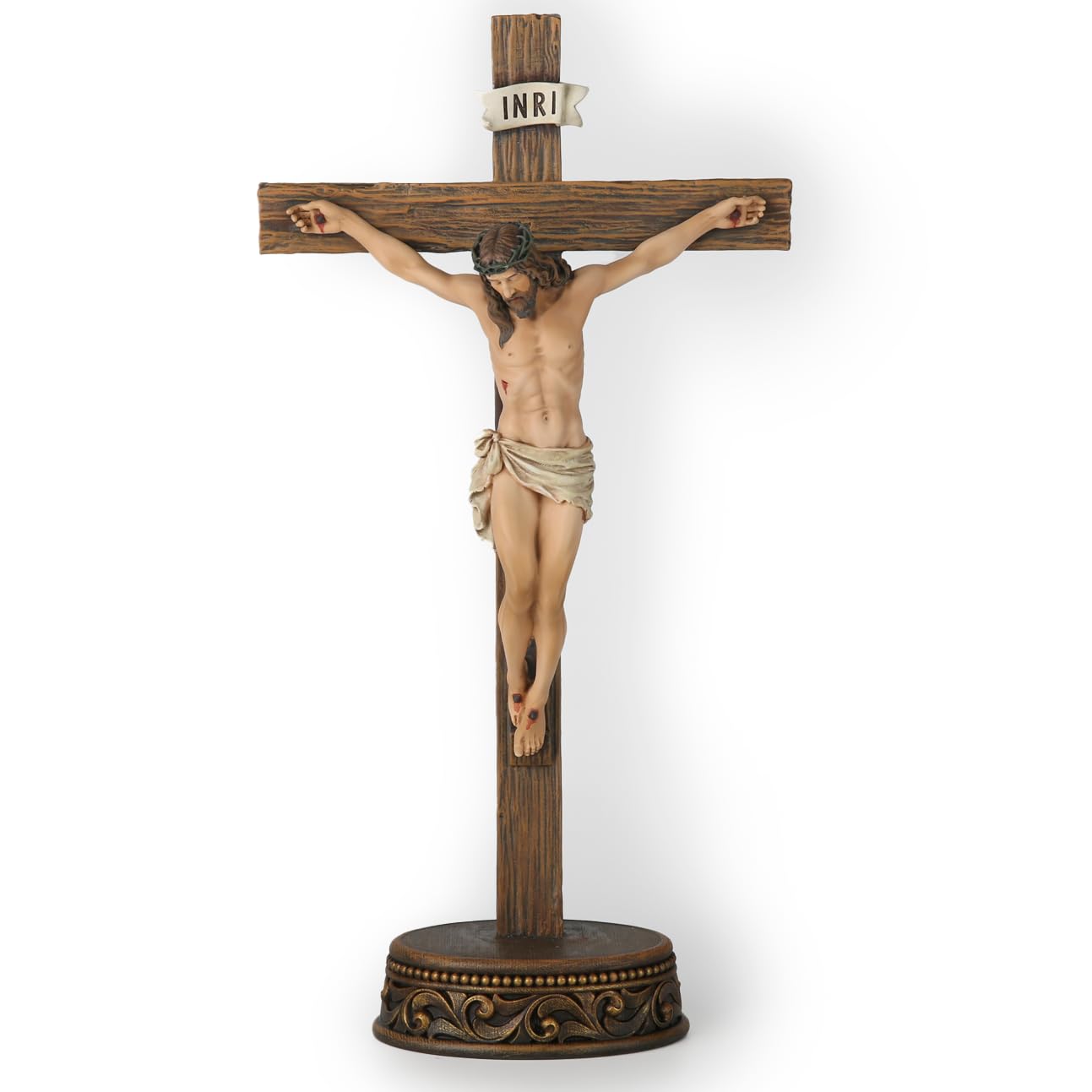 BC Catholic Crucifix Standing Cross, Jesus Christ Tabletop Home Decor, Religious Gift, Wood Carve Look, Realistic Color Finish, 15" H Renaissance Sculpture Hand Painted by Buildclassic