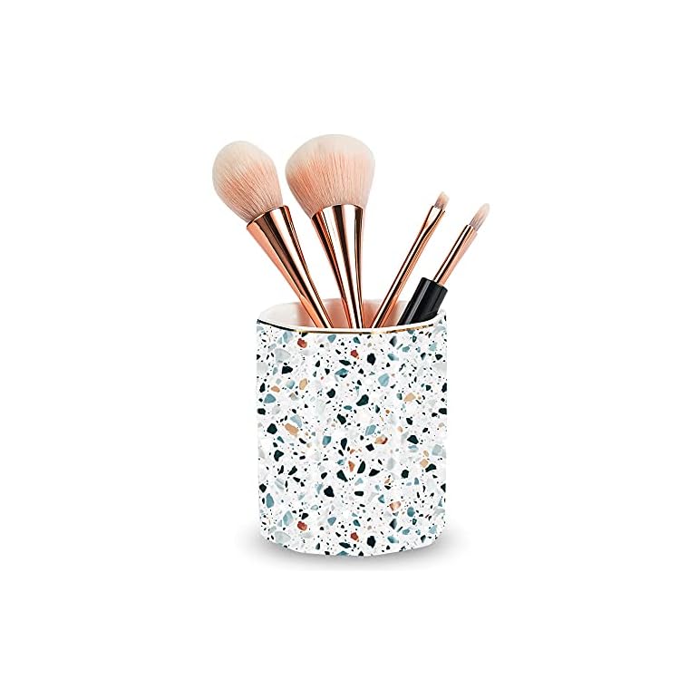 LEAZUL Pen Holder, Makeup Brush Holder Ceramic Shiny Gold Terrazzo Marble Stone Pattern Pencil Cup for Girls Kids Women Durable Stand Desk Organizer Storage Gift for Office, Classroom, Home Light Blue - Image 4