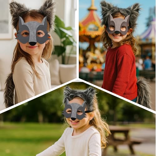 ZcrPrn Wolf Costume for Kids, Carnival Costume, 4pcs Grey Halloween Costumes Set with Wolf Mask, Ears Headband, Gloves and Tail, Perfect for Carnival Halloween Party, Cosplay and Theme Parties - Image 6