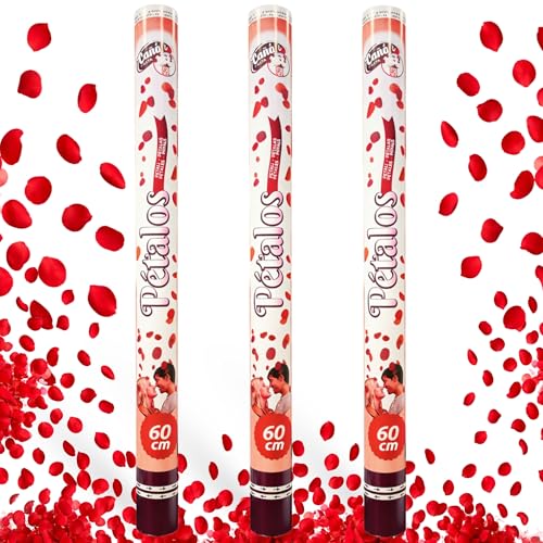 Cañón Confeti Boda, Cañón para fiestas y eventos, Fáciles y Seguros de Usar, Apto para bodas, eventos, celebraciones, Uso interior y Exterior, Diseño Petalos Rojos, 60 cm, Pack de 3 unidades