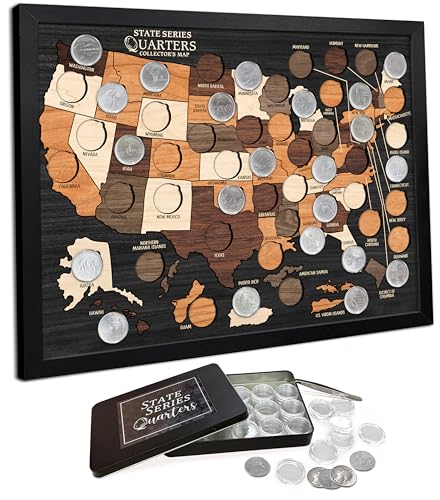 flinelife Wooden State Quarter Collection Map Display, 16x12, 50 States