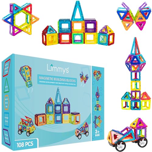 Limmys Magnetic Building Blocks – Unique Magnetic Tiles Construction Toys for Boys and Girls – STEM Educational Toy – Includes 108 Pieces