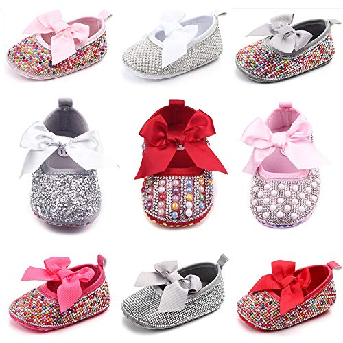 Baby Girls Mary Jane Flats Sparkly Bow Diamonds Princess Dress Shoes Anti-Slip Infant Crib Shoes2