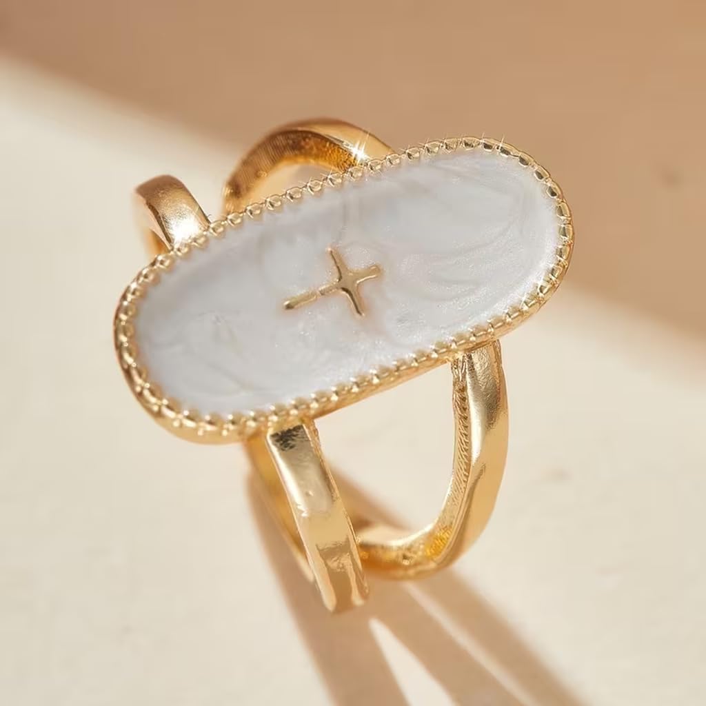 Gold Oval Cross Ring for Women, White Enamel Statement Ring Adjustable Open Band Vintage Minimalist Religious Faith Jewelry Chunky Elegant Everyday Festival Accessories
