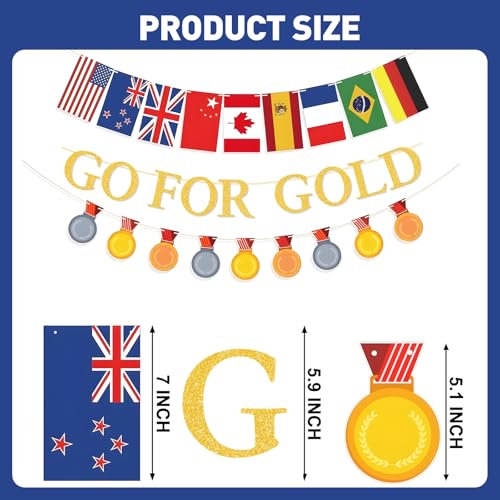 Image of GO FOR GOLD Banner Set and International Country Flags Bunting | Sports Themed Party Decoration,Olympic Sports Themed Decorations for Sports Party Bunting Supplies Decor