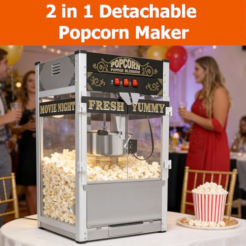Image of Commercial Popcorn Machine with Cart & Wheels - 32OZ Stainless Steel Kettle, Vintage Style, Tempered Glass | Large Capacity for Home, Parties, Movie Theater (Black)