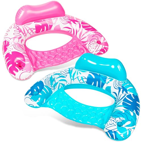 SLOOSH Inflatable Pool Floats Adult,2 Pack Pool Chairs with Cup Holders,Blow up Floats Chair,Hammock Noodle Mat Leaves Design for Relaxing Summer Water Fun Swimming Party Beach,Blue,Pink