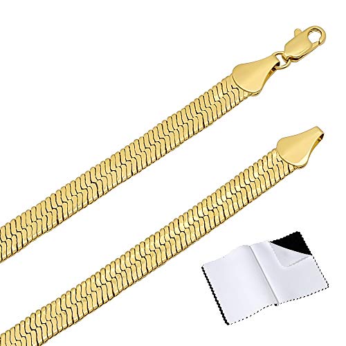 The Bling Factory 7.2mm High-Polished 0.25 mils (6 microns) 14k Yellow Gold Plated Flat Herringbone Chain Necklace, 24 inches