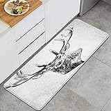 ZORMIEY Küchenteppiche,Elch Hirsch Hirsch Kopf Skizze Grafiken Monochrom Schwarz-Weiß-Zeichnung gezeichnet,rutschfestes Küchenmatten und Teppichset Gummiunterlage Fußmatte Runner Teppich Set 45X120CM