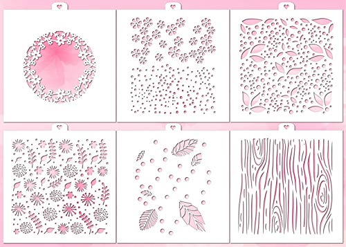 Cookie Stencil Set Flowers N2, 6 pcs: Wood Texture, Wreath, Leaves, Circles, Branches, Backgrounds